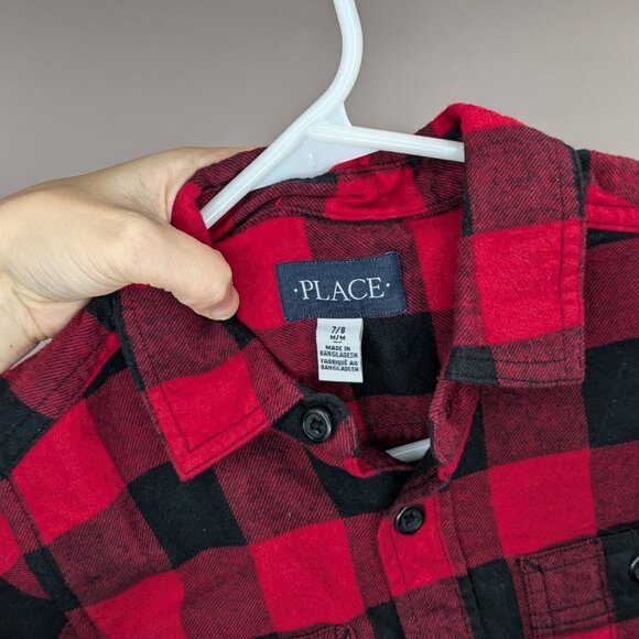 *3/$10* Place Buffalo Plaid Flannel Button Down Shirt Black Red Size 7/8 - Picture 3 of 3